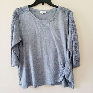 Retrology 2X Top Light Knit Heathered Gray Lace Detail 3/4 Sleeve Casual Coastal